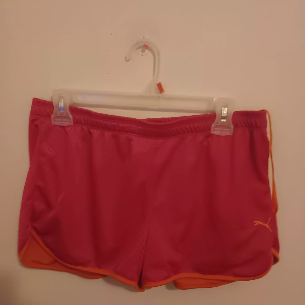 🩷Puma Shorts, Women's Size Large, Athletic Pink & Orange, Drawstring, EUC